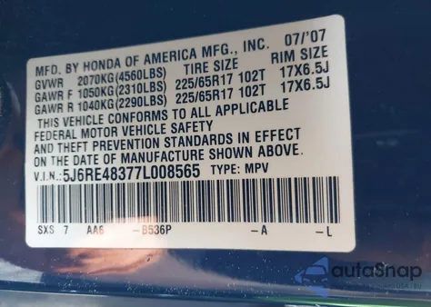 2007 Honda Cr-V Lx z USA, uszkodzony, nr VIN 5J6RE48377L008565